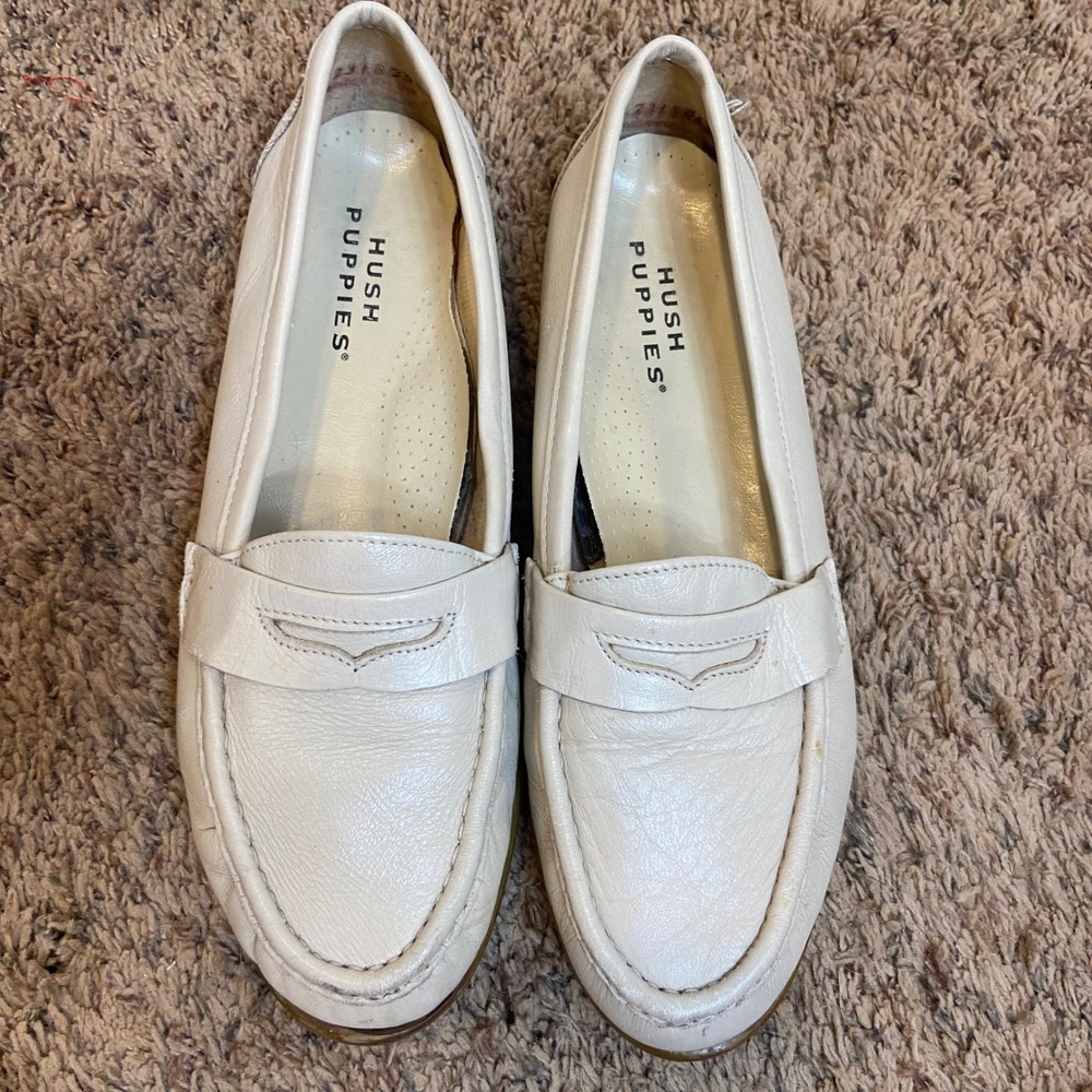 Hush Puppies Womens Cream Leather Penny Loafers Comfy Moc Toe Flats 8.5M READ